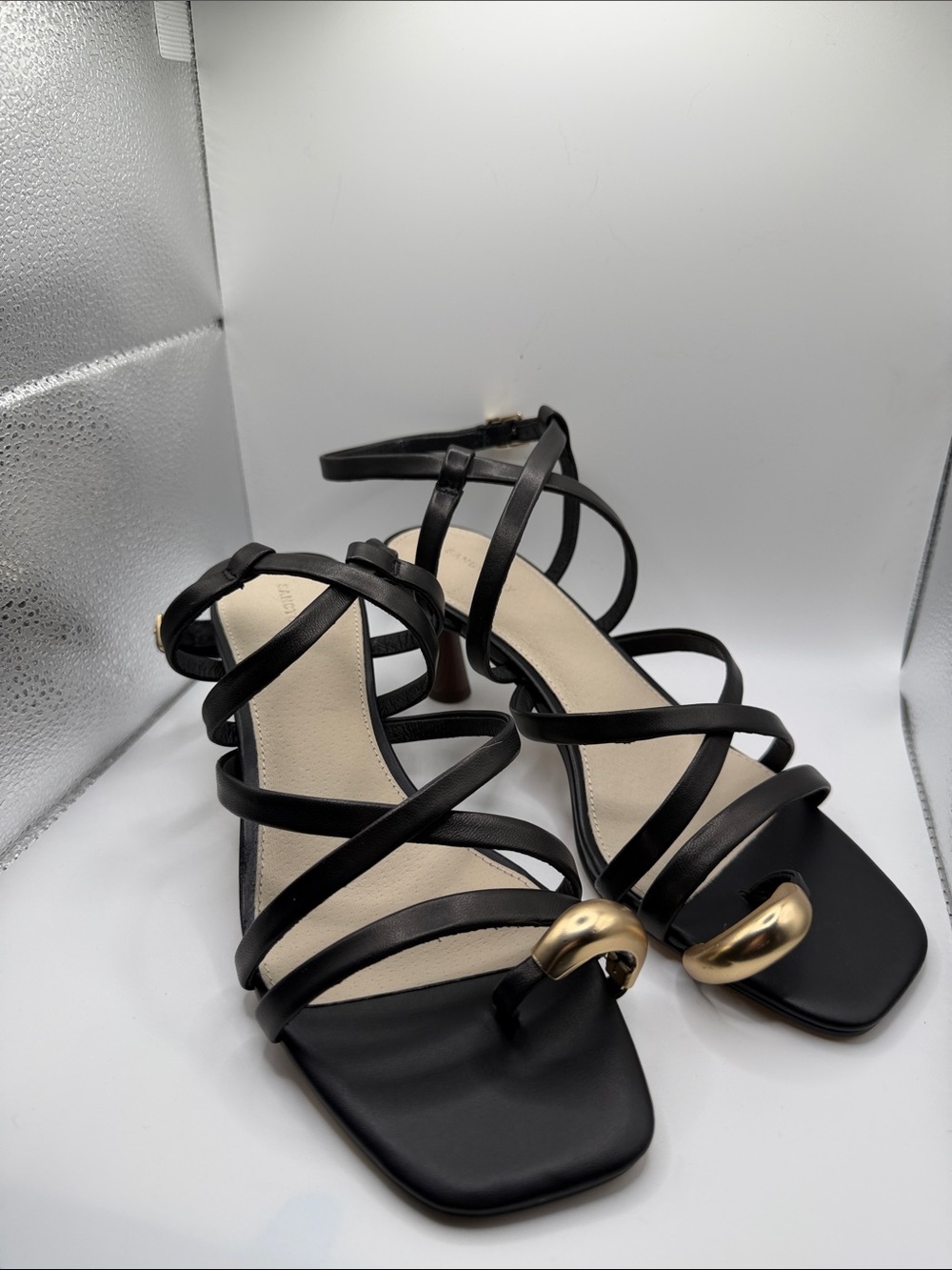 Sanctuary Black Strappy Heeled Sandals with Gold Toe Detail